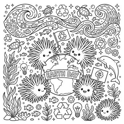 Join a delightful underwater celebration with our Pencil Urchins Earth Day coloring page. This charming design features cute marine friends advocating for ocean health and environmental protection.