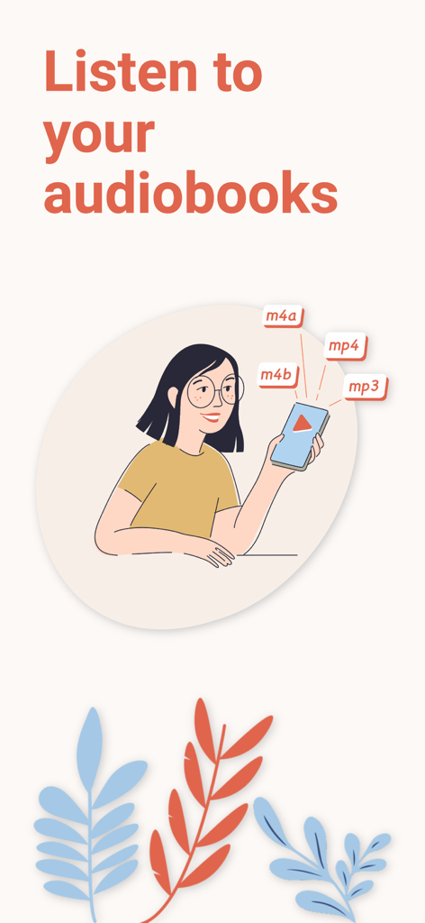 A woman holding a smartphone with tags showing supported audiobook formats like mp3 m4b m4a and mp4