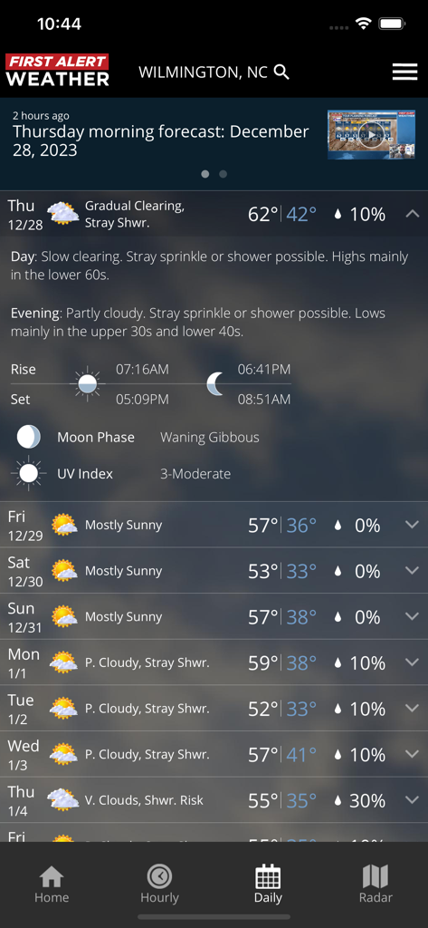 WECT 6 First Alert Weather - ノースカロライナ州ウィルミントンのWECT 6 First Alert Weatherアプリの毎日の天気予報画面