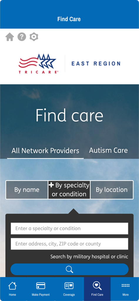 The Find Care screen of the TRICARE East mobile app showing a search interface for medical providers by specialty and location.