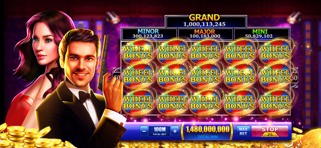 Winning Slots game screen featuring a spy theme with characters and a large jackpot win