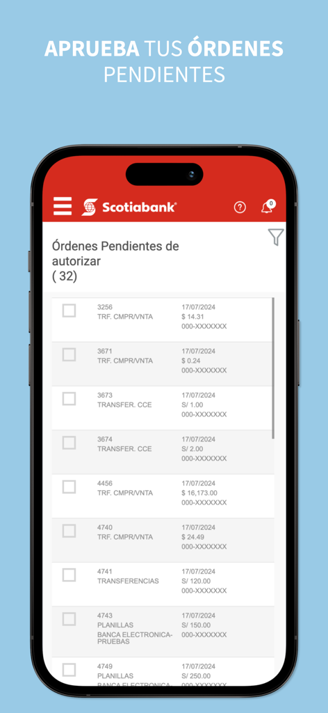 Telebanking móvil - Scotiabank - Pantalla de la aplicación Scotiabank Telebanking mostrando transacciones comerciales pendientes de autorización