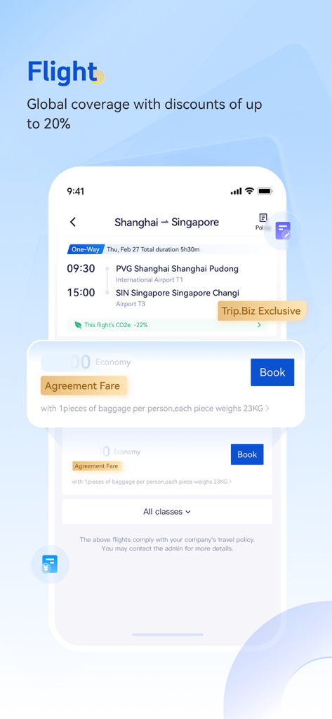 BizTravel-TMC experts - Capture d'écran de l'application BizTravel affichant une réservation de vol Shanghai-Singapour aux tarifs négociés et conforme à la politique de voyages d'affaires.