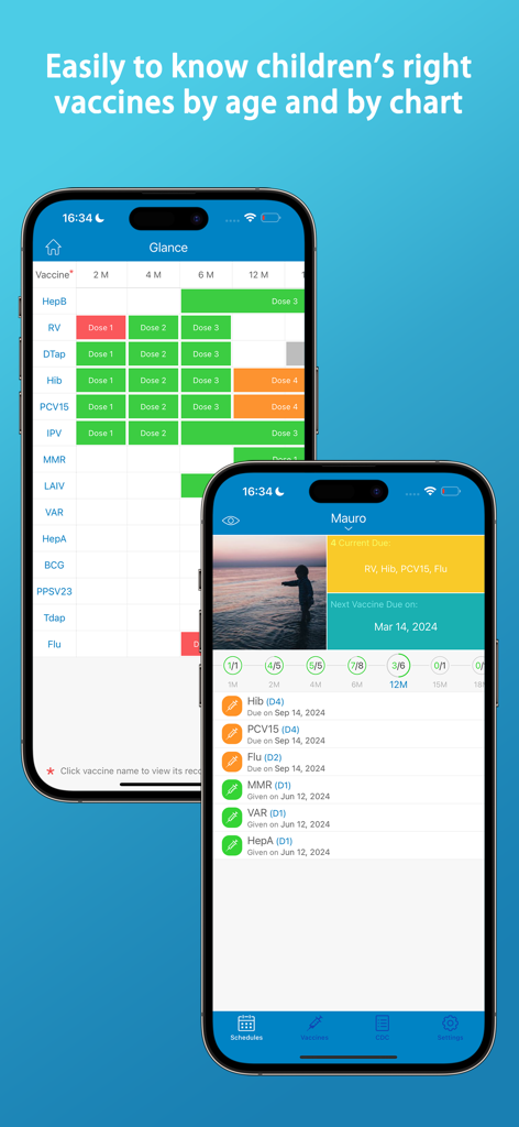 Vaccines Log app showing a vaccine schedule chart and child immunization records.