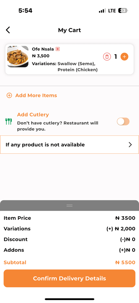 Wakafoods - Wakafoods mobile app checkout screen showing the shopping cart with Ofe Nsala soup, meal variations, and total price in Naira.