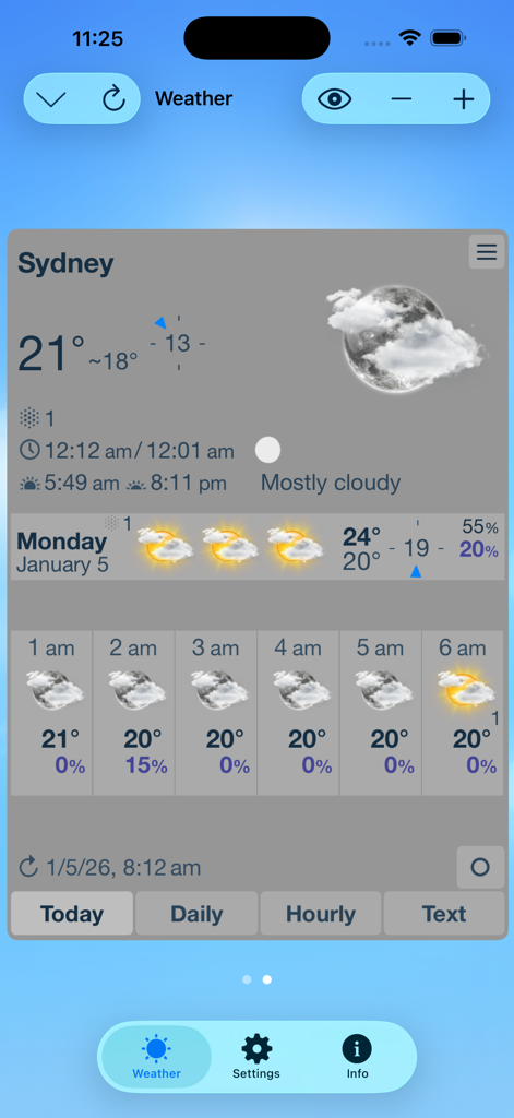 Interfaccia dell'app ClassicWeather HD che mostra dettagli delle previsioni meteo e aggiornamenti orari