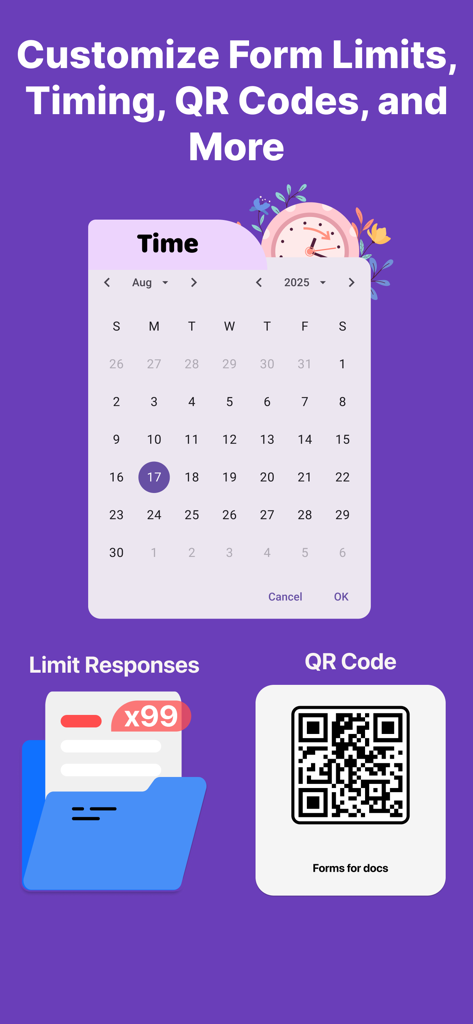 Forms for Google Forms⁺ - An app screen displaying form timing settings with a calendar, response limits, and a QR code generator.