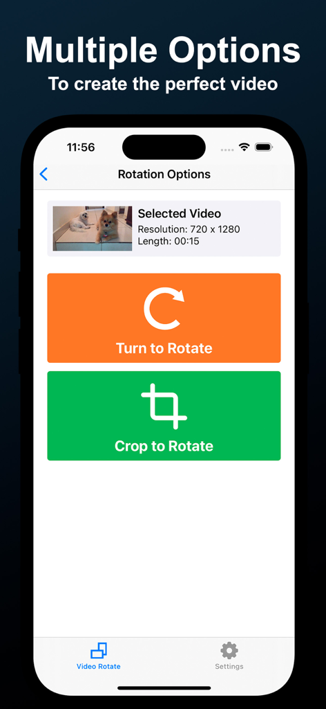 Video Rotate - Fix rotation - Interface do aplicativo Girar Vídeo mostrando opções de rotação de giro e recorte