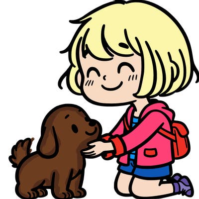 a girl with short hair being nice to a dog
