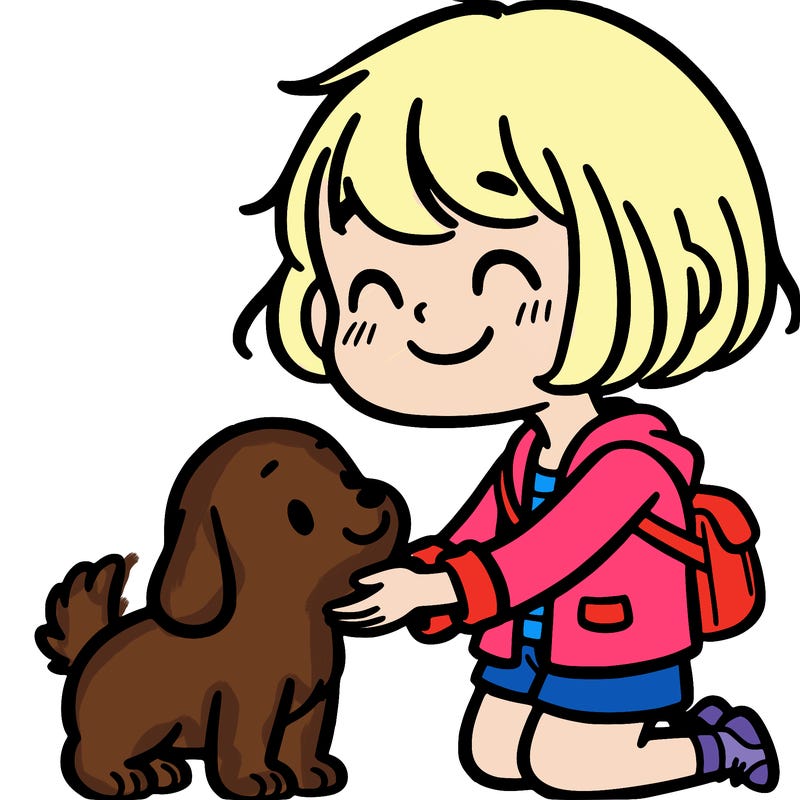 a girl with short hair being nice to a dog