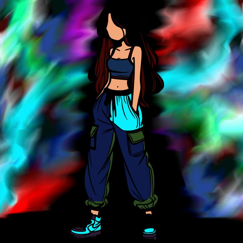 girl in baggy pants crop top and long hair