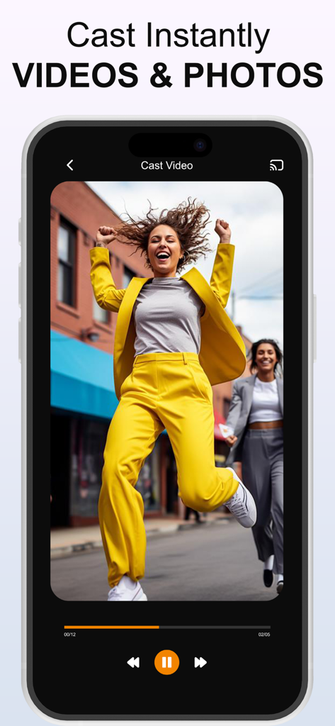 Screen Mirroring + Cast To TV - iPhoneからTVへのビデオや写真のキャスト方法を示すモバイルアプリのインターフェース。