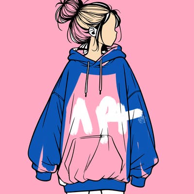realistic girl with a oversized sweatshirt on and a bun
