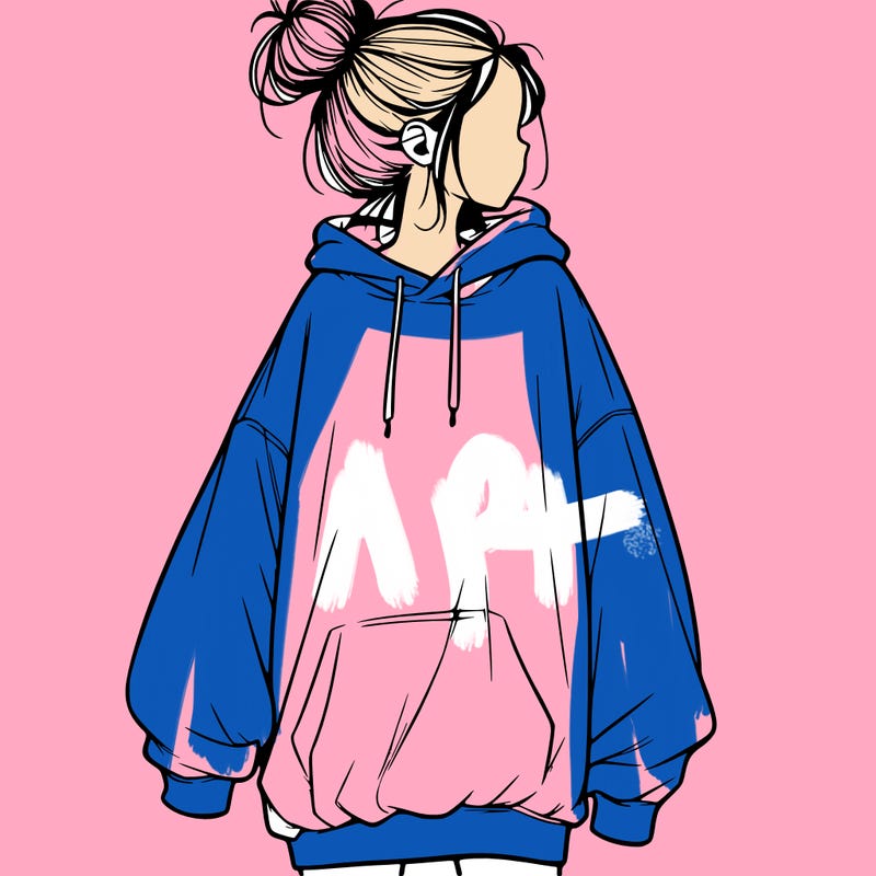 realistic girl with a oversized sweatshirt on and a bun