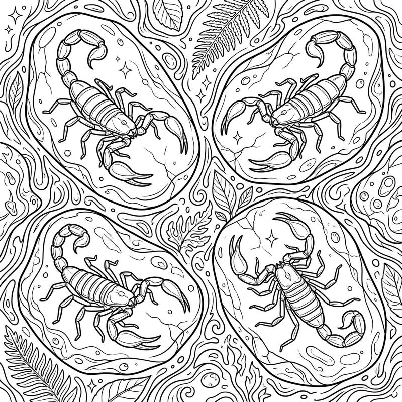 Unearth the thrill of prehistory with this unique Amber Scorpions coloring page, featuring ancient creatures perfectly preserved in glowing amber. It's a fascinating journey into the past, ready for your creative touch.