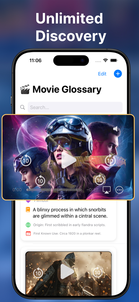 A screenshot of the Movie Glossary app showing a cinematic term definition with an overlaying video player for visual discovery.