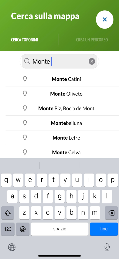 TABACCOmapp 3.0 - Search interface of TABACCOmapp 3.0 showing a list of mountain locations for the search term Monte.