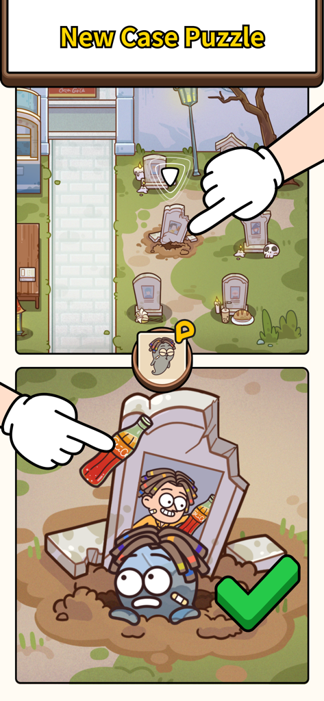 Pantalla de juego de Case Hunter que muestra un acertijo de detective en un cementerio donde se encuentra un personaje oculto