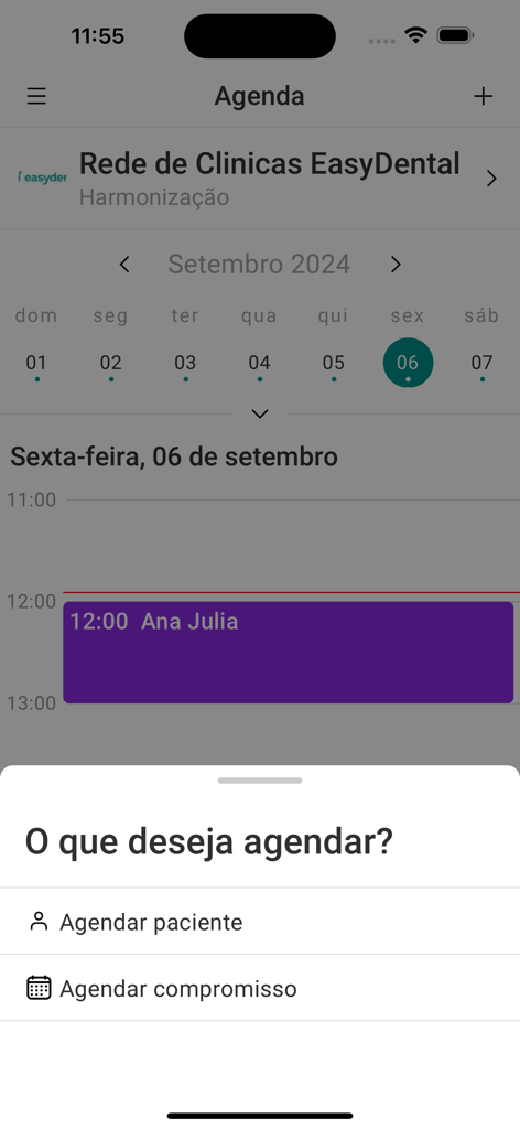Interface do aplicativo EasyDental Mobile mostrando a agenda odontológica e opções de agendamento para pacientes e consultas.