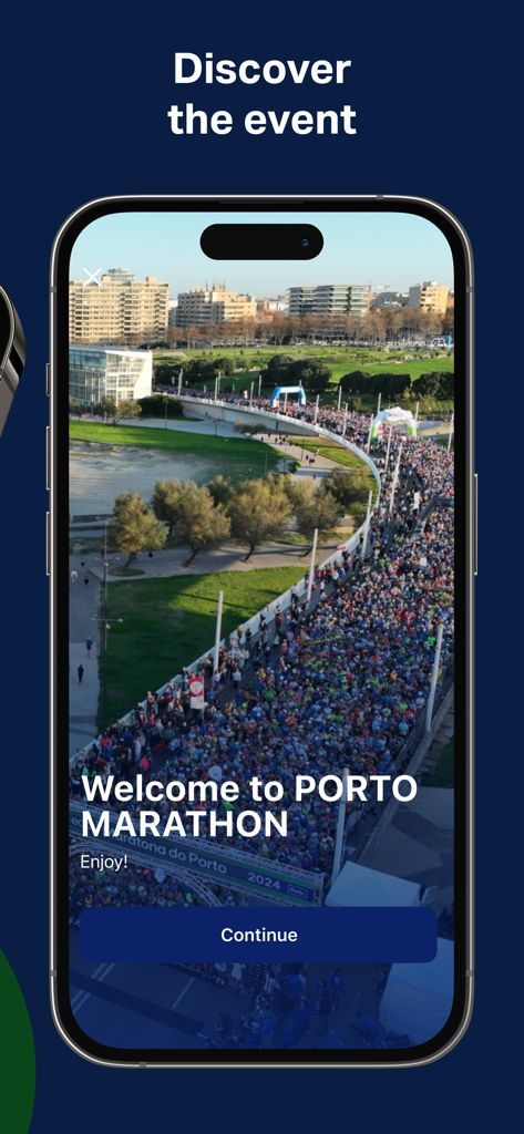 Écran d'accueil de l'application Runporto pour l'événement Marathon de Porto