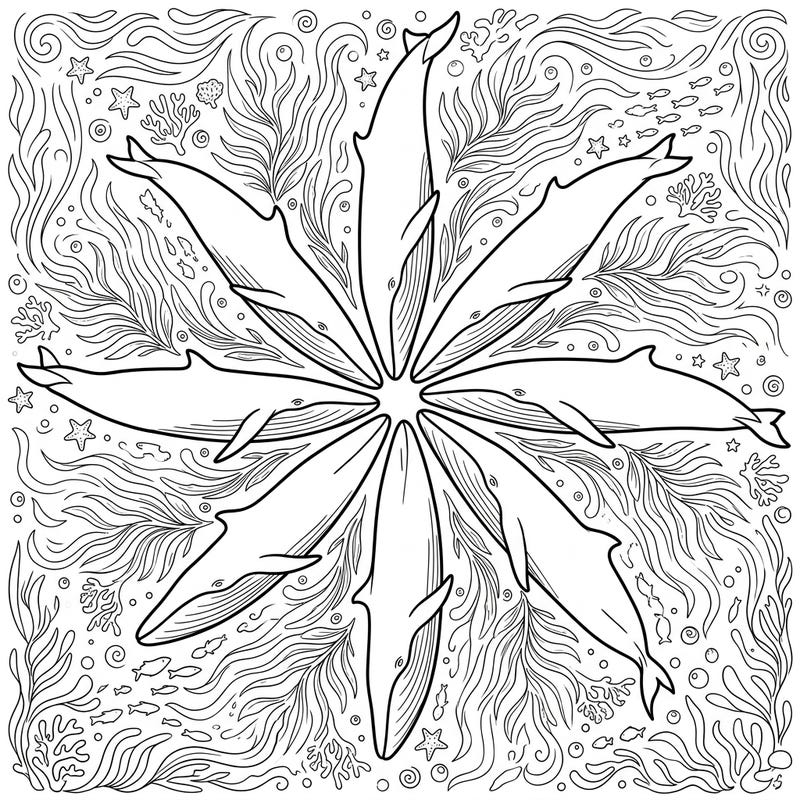 Explore the calming depths with this stunning Fin Whale Mandala coloring page. Featuring majestic fin whales intricately woven into a radial pattern, it offers a unique blend of marine life and meditative art.