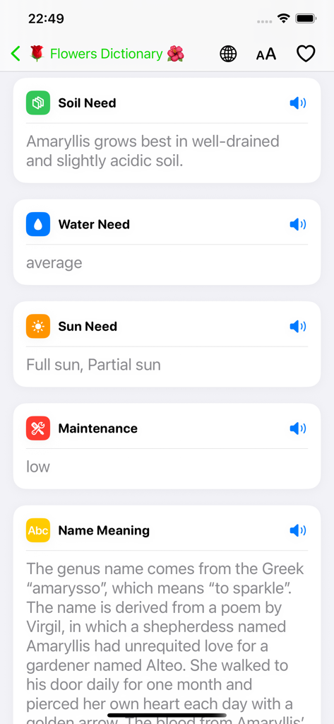 Flowers Dictionary with Images - A screen from the Flowers Dictionary app showing Amaryllis plant care requirements and name origin.