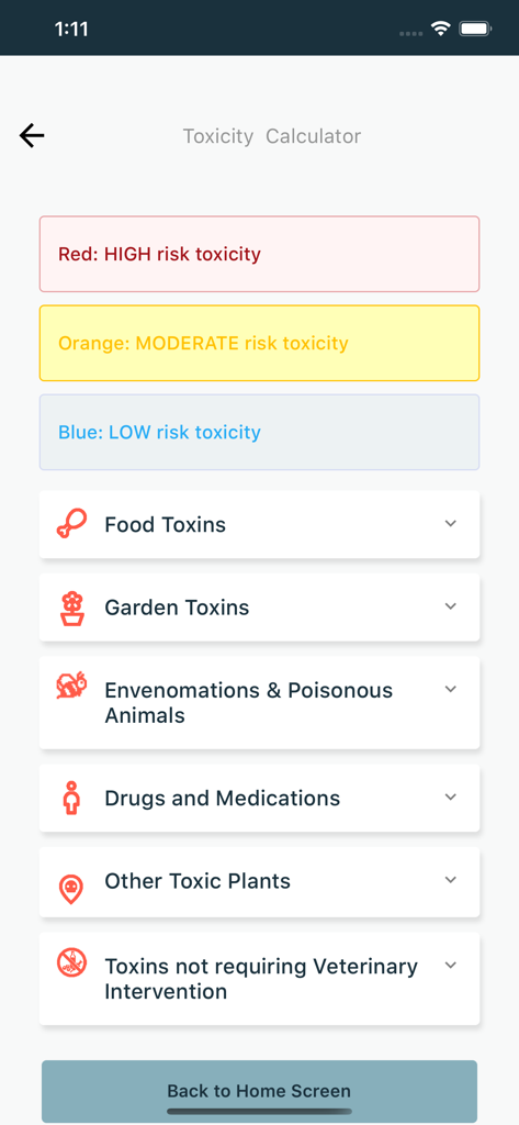 Tela da Calculadora de Toxicidade do aplicativo ReadyVet mostrando níveis de risco e categorias como toxinas alimentares e de jardim
