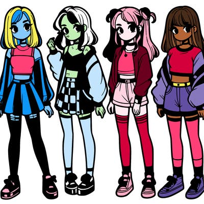 one girl with crop-top shirt and a jacket with a skirt, long socks and another girl with a shirt and pants with a jacket