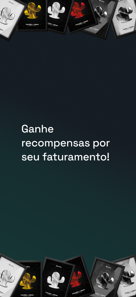 Cakto app screen displaying various cactus-shaped reward plaques for achieving business revenue milestones.