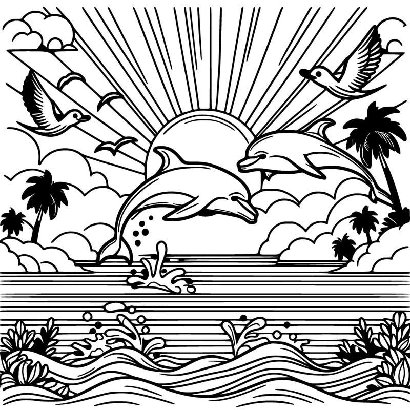 sunset with dolphins and birds in the sky