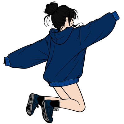 realistic girl jumping with a bun and oversized sweatshirt