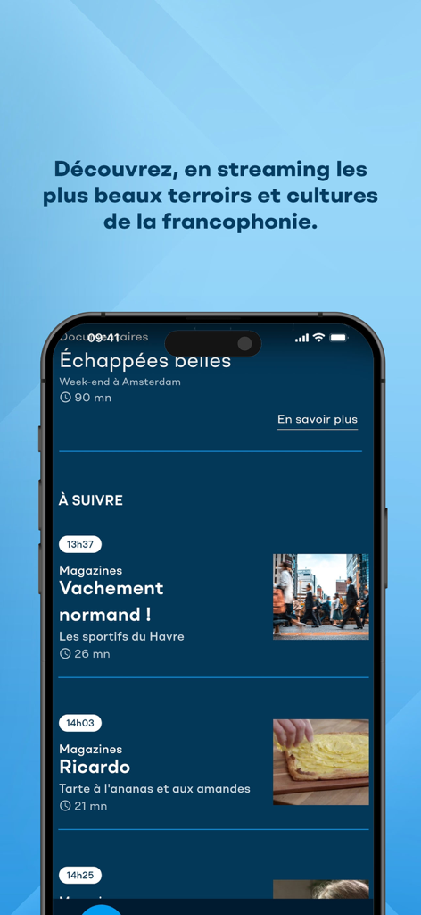 Style par TV5 Monde - Interface de l'application mobile Style par TV5 Monde montrant un programme sélectionné d'émissions de style de vie et culturelles françaises.