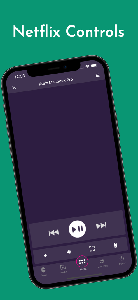 Pantalla de iPhone mostrando los botones de control remoto de Netflix para un MacBook Pro conectado