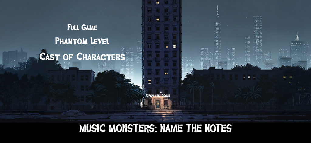 Music Monsters - Menú principal de Music Monsters Adivina las Notas mostrando un hotel embrujado y niveles de juego