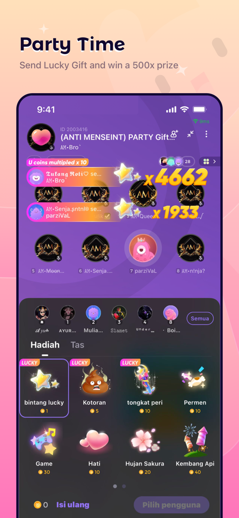 Uki - Amazing Online Chat App - Screenshot of Uki app showing a party room with voice chat participants and a menu of digital gifts to send