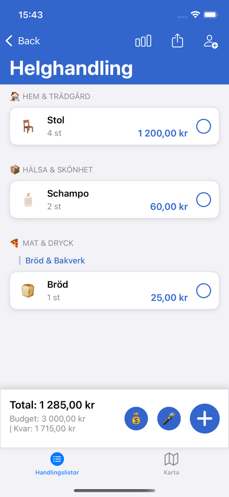 Skandinaviens Största Varuhus - Mobile shopping list interface with categorized items and total cost tracking