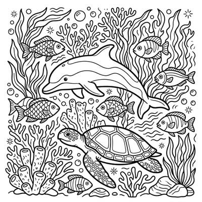 Explore the wonders of the deep blue sea with this enchanting coloring page. Kids will love bringing to life a friendly dolphin, a serene sea turtle, and their finned friends amidst a bustling underwater garden.