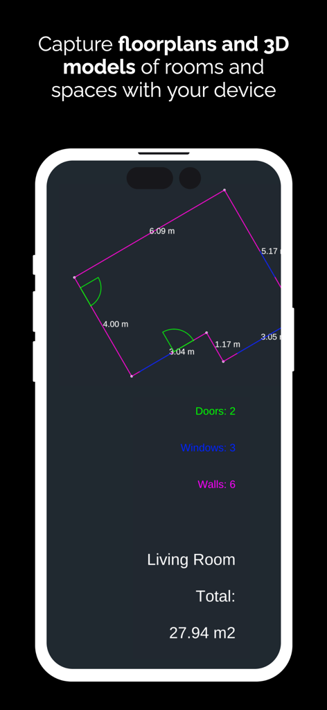 Smartphone screen showing a 2D floor plan capture with room measurements