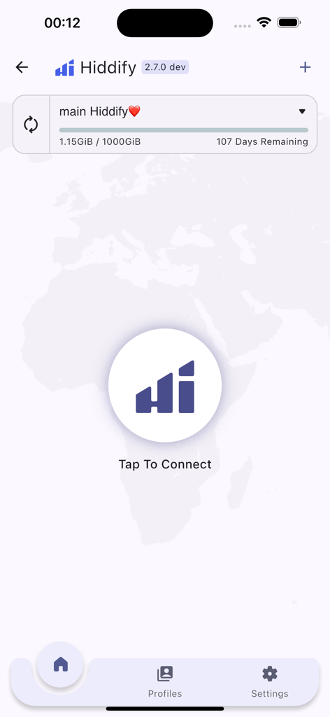Interface principal do aplicativo Hiddify Proxy e VPN mostrando o botão de toque para conectar e o rastreamento de uso de dados
