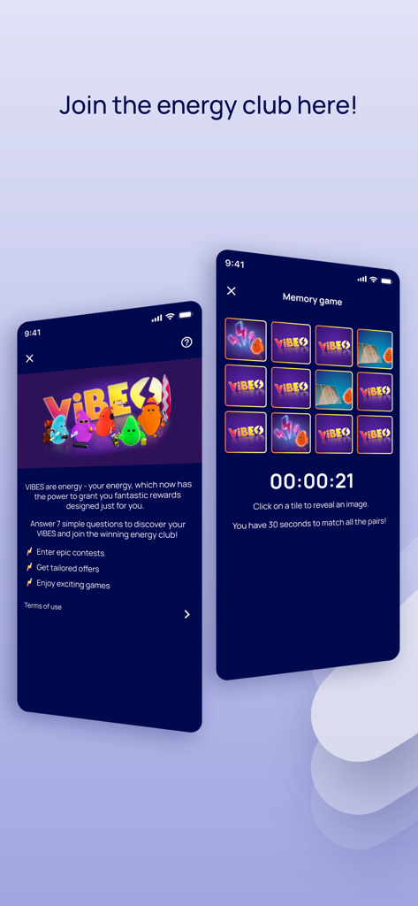myΗΡΩΝ - Screenshots showing the VIBES loyalty program and a memory game interface within the myHERON app