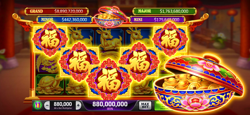 Jackpot Slots - Vegas Casino - Un écran de gros gain sur une machine à sous à thème chinois dans l'application Jackpot Slots Vegas Casino.