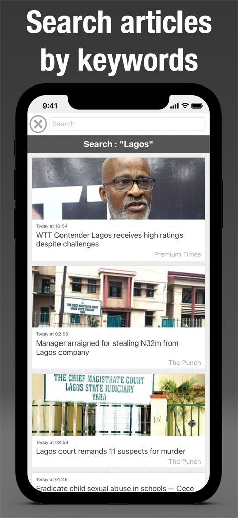 Nigeria Press - Nigeria Press app interface showing news search results for the keyword Lagos.