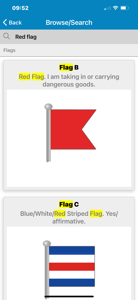 Marine Master Self Test - Resultados de búsqueda de banderas náuticas que muestran la Bandera B para mercancías peligrosas y la Bandera C para afirmativo