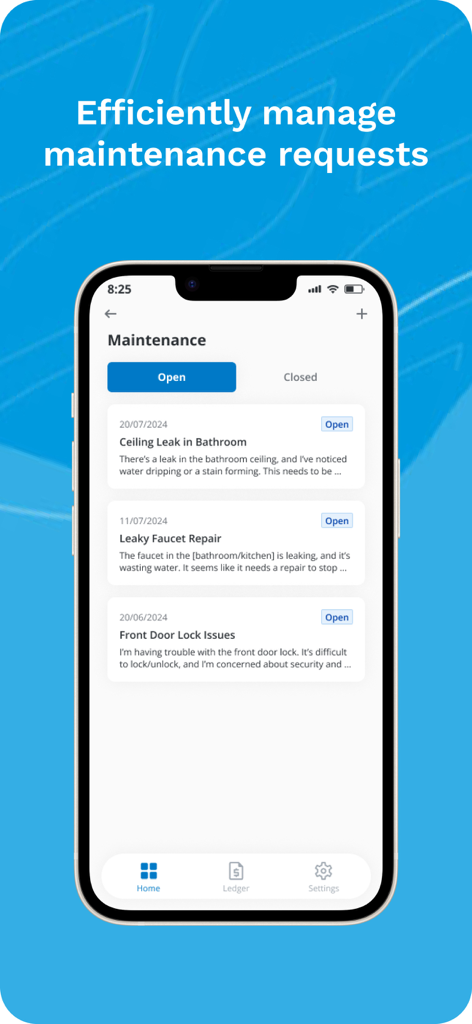 MRI Property Tree Connect app interface showing open maintenance requests for tenants