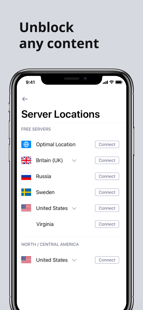 Anonine - Best VPN Service - iPhone screen showing a list of VPN server locations including UK Russia Sweden and USA with connect buttons