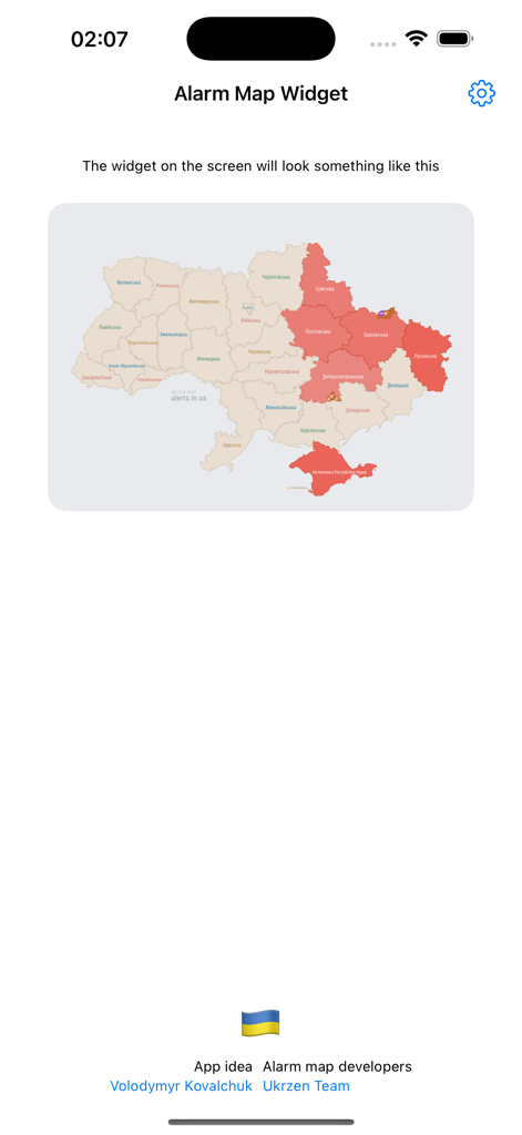 Alarm Map Widget displaying a map of Ukraine with several regions highlighted in red to indicate active air raid sirens.