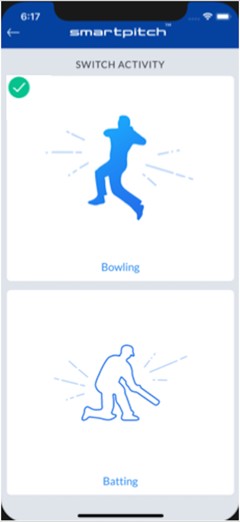 SmartPitch app interface for switching between bowling and batting activities