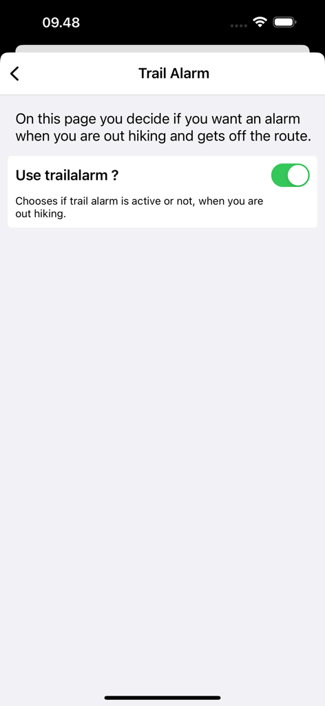 Trail Alarm settings screen for the GR 221 Mallorca hiking app