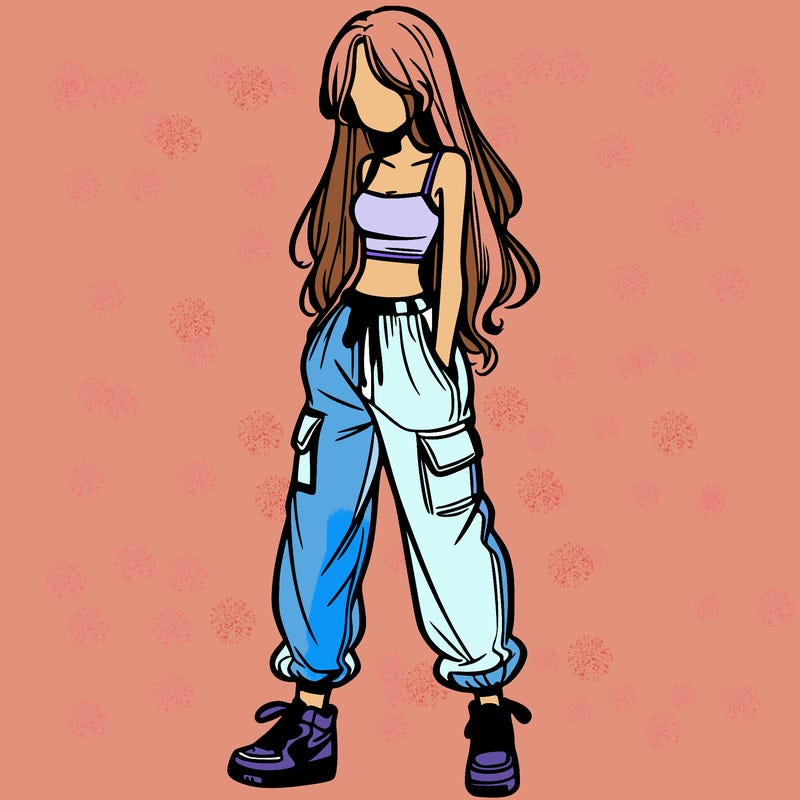 girl in baggy pants crop top and long hair