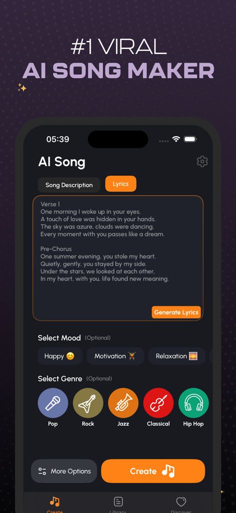 Interface of the AI Music Generator app showing lyrics generation and music style selection